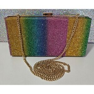 Rainbow Rhinestone Clutch Evening Bag Chain Natalie Mills Rylee Crystal Purse